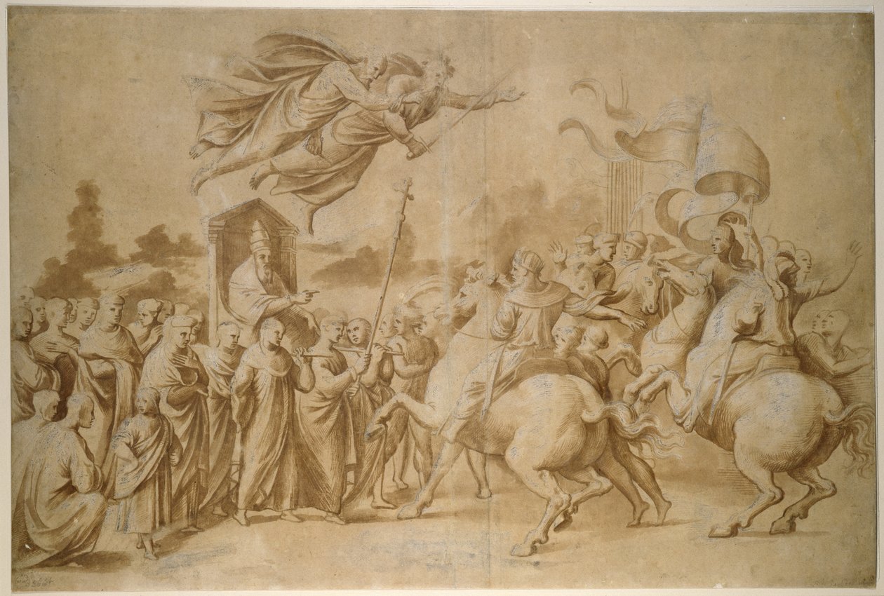 The Repulse of Attila, WA1846.277 (ruskea sivellinpiirros, jota on korostettu vartalonvärillä (hapetettu) kiillotuspaperille) tekijältä Raffaello Sanzio Raphael