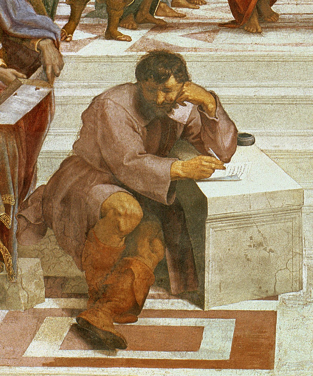Ateenan koulu, yksityiskohta hahmoista vasemmalla, 1510-11 (yksityiskohta numerosta 87597) tekijältä Raffaello Sanzio Raphael