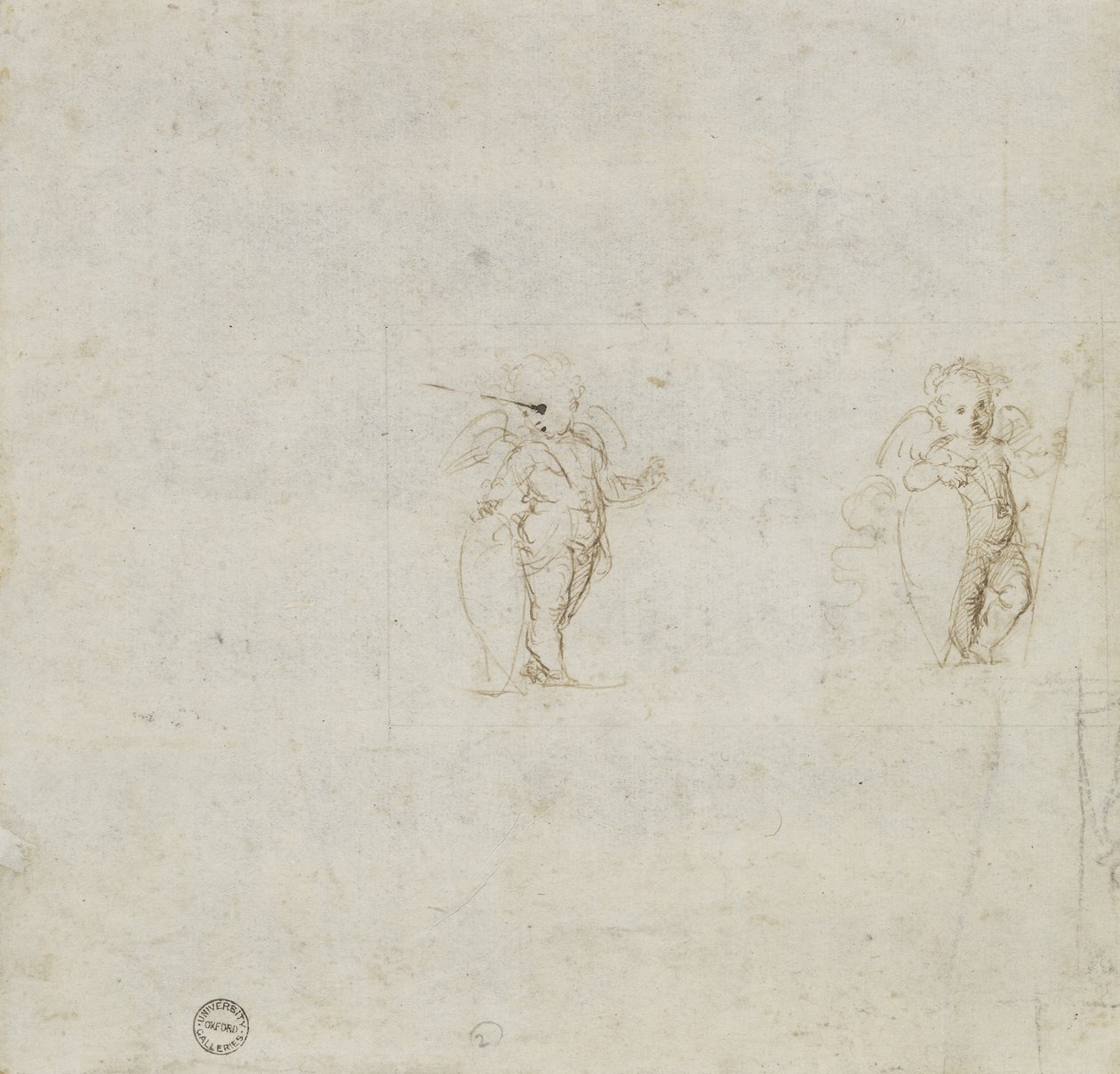 Verso: Two Studies of Amorini, WA1846.154 (kynä ja ruskea muste) tekijältä Raffaello Sanzio Raphael