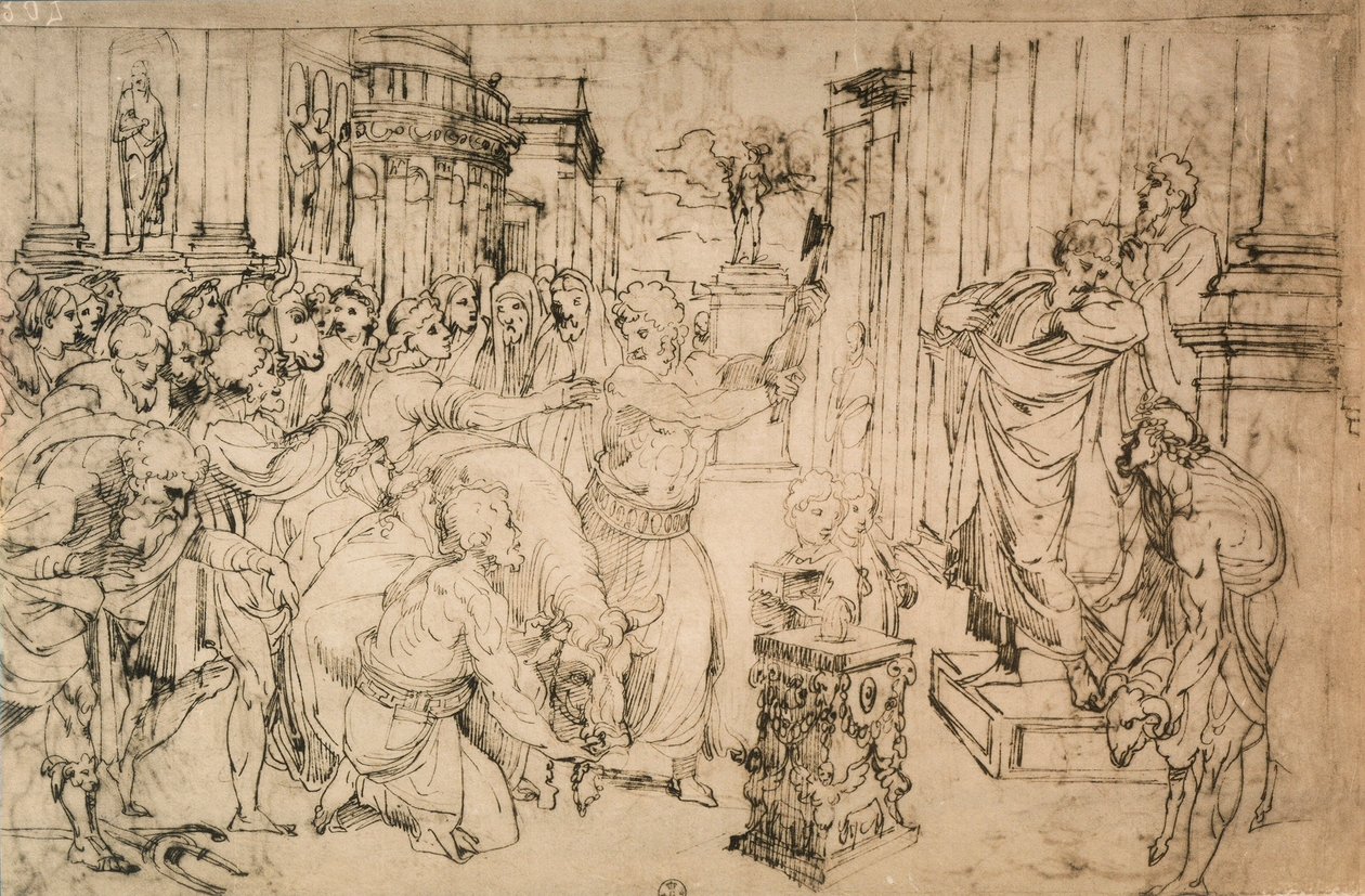 Härän uhraus Rafaelin koulusta. Piirustus- ja grafiikkakaappi, Uffizi-galleria, Firenze tekijältä School of Raphael