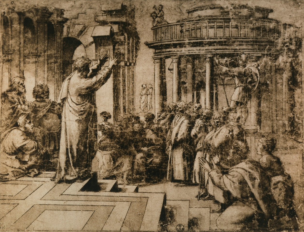 Pyhä Paavali saarnaa Ateenassa; piirros Rafaelin koulusta. Piirustus- ja grafiikkakaappi, Uffizi, Firenze tekijältä School of Raphael