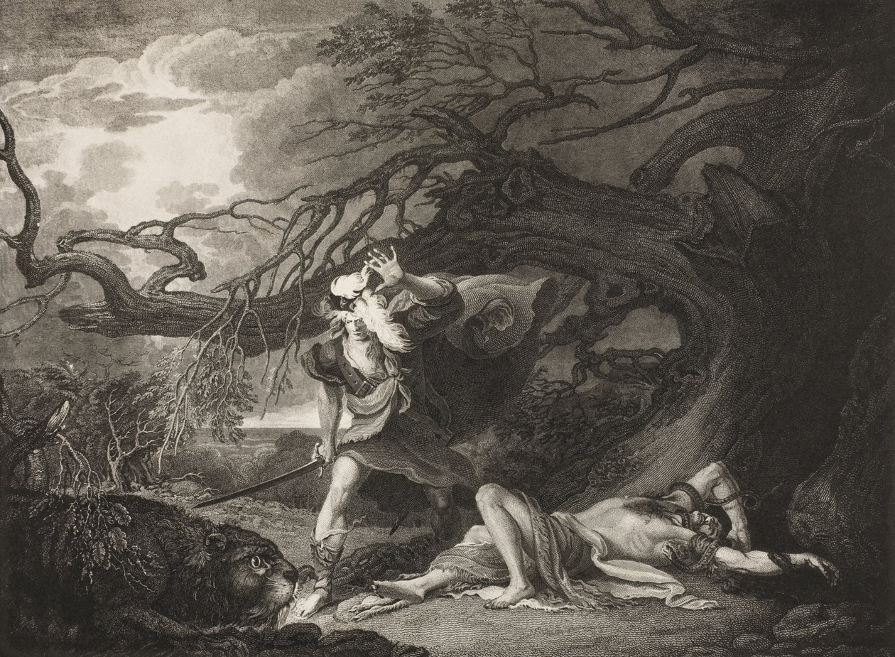 Metsä, Oliverin pelastus, näytös II, kohtaus VII, "As You Like It", Boydell Shakespeare Gallerysta, julkaistu 1800-luvun lopulla tekijältä Raphael Lamar West