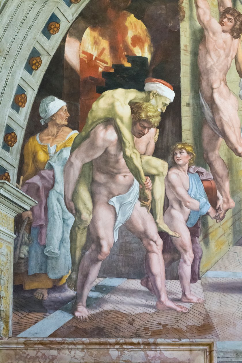 Borgon tulipalo, yksityiskohta, joka todennäköisesti kuvaa Aeneasta pakenemassa isänsä Anchiseksen ja poikansa Ascaniuksen kanssa tekijältä Raphael (1483 1520) (& studio)