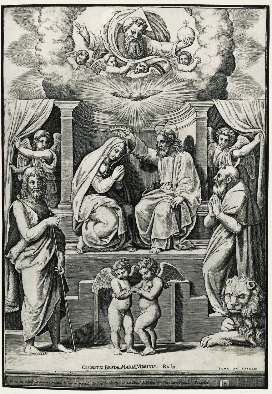 Neitsyen kruunaus Pyhän Johannes Kastajan ja Pyhän Hieromuksen läsnäollessa tekijältä Raphael (1483 1520) (after)