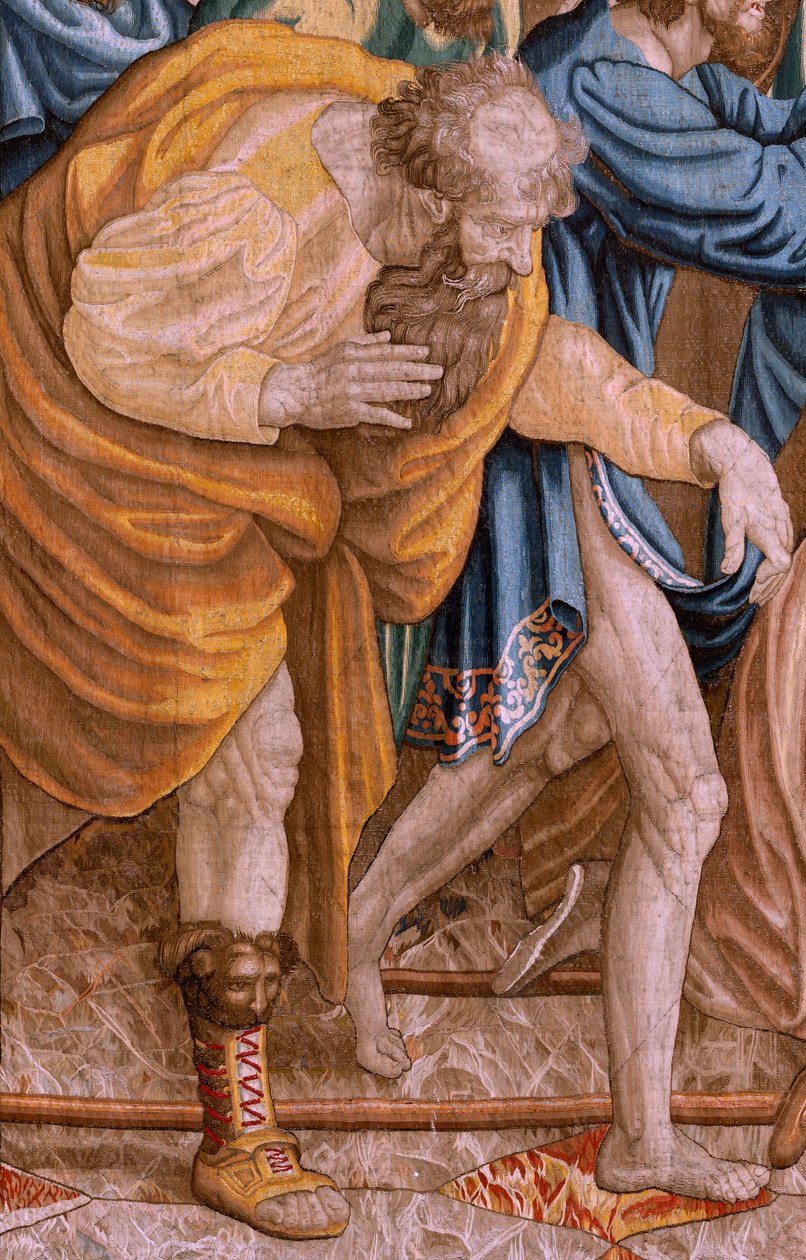 Flanderin kuvakudos. Sarja Apostolien teot. Saint Paul ja Saint Barnabas Lystrassa (San Pablo y San Bernabé en Lystra). Sarjan 8. kangas, se jaettiin kahteen osaan mukauttaakseen sen huoneeseen. Rafael Sanzion mallisarjakuva. 1519. Valmistus Jan Raes tekijältä Raphael