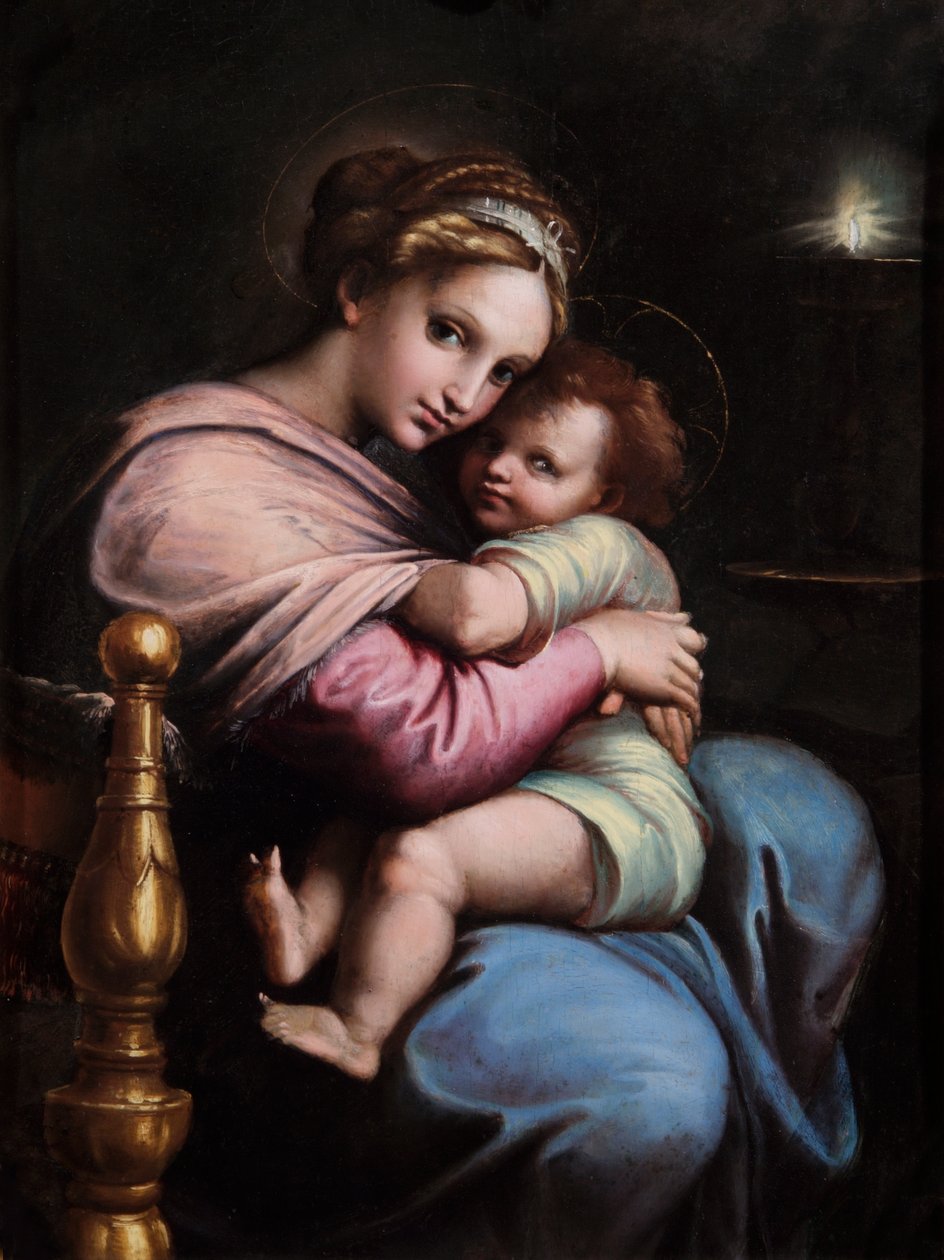 Neitsyt ja lapsi, alku 17. (öljy paneelille) tekijältä Raphael (1483 1520) (after)