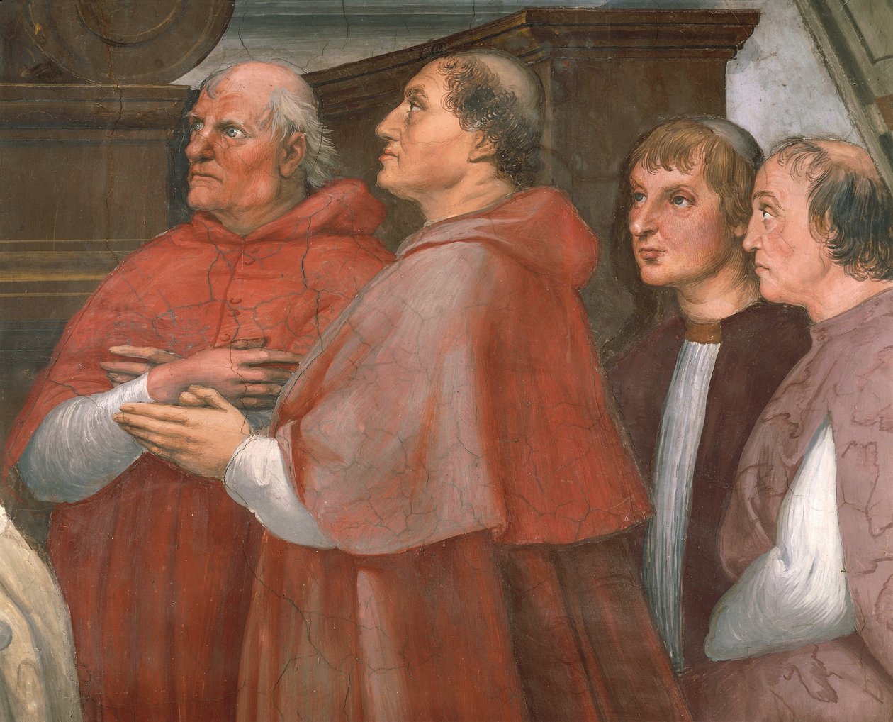 Kardinaali Raffaele Riario sivullisten kanssa, yksityiskohta Bolsenan messusta tekijältä Raphael (1483 1520)