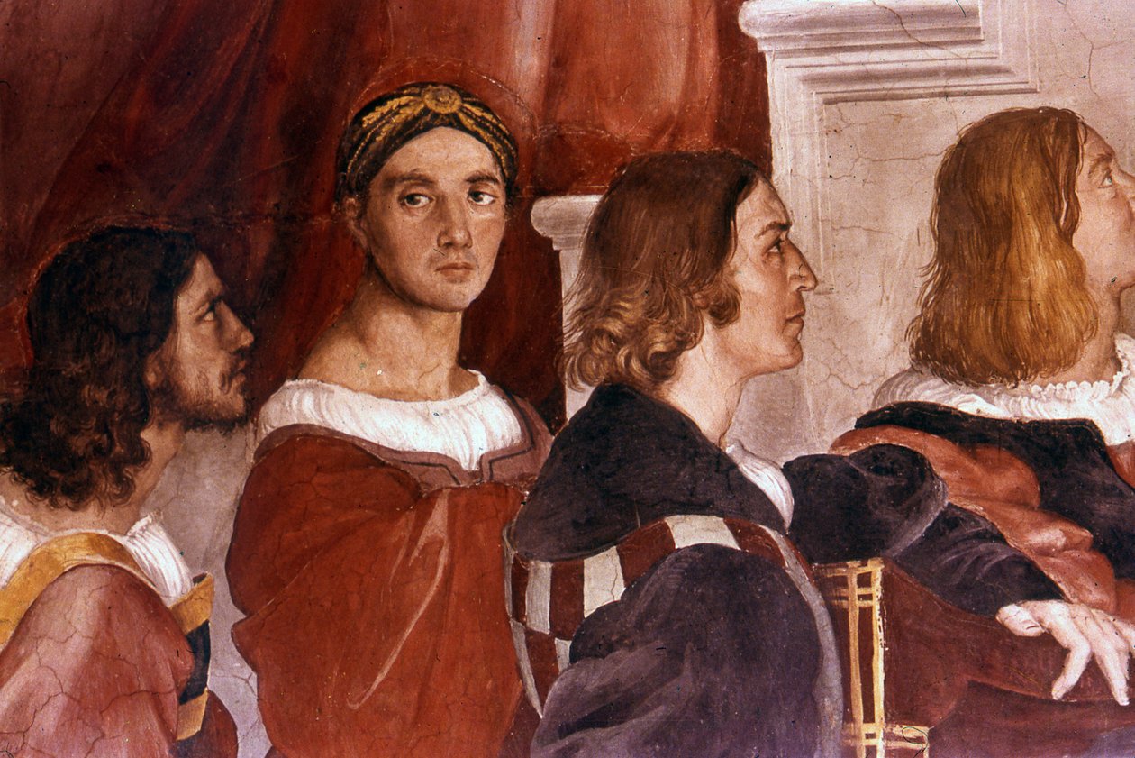 Rafaelin (keskellä kasvot menosuuntaan) yksityiskohta Bolsenan messusta. 1514. Rafaelin fresko (14831520): Raffaello Sanzio. tekijältä Raphael (1483 1520)