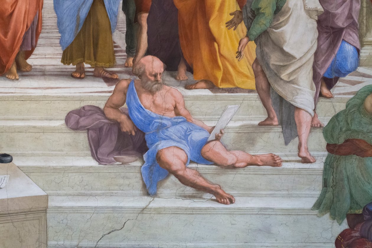Diogenes of Sinope: yksityiskohta Ateenan koulusta Stanza della Segnaturassa tekijältä Raphael (1483 1520)