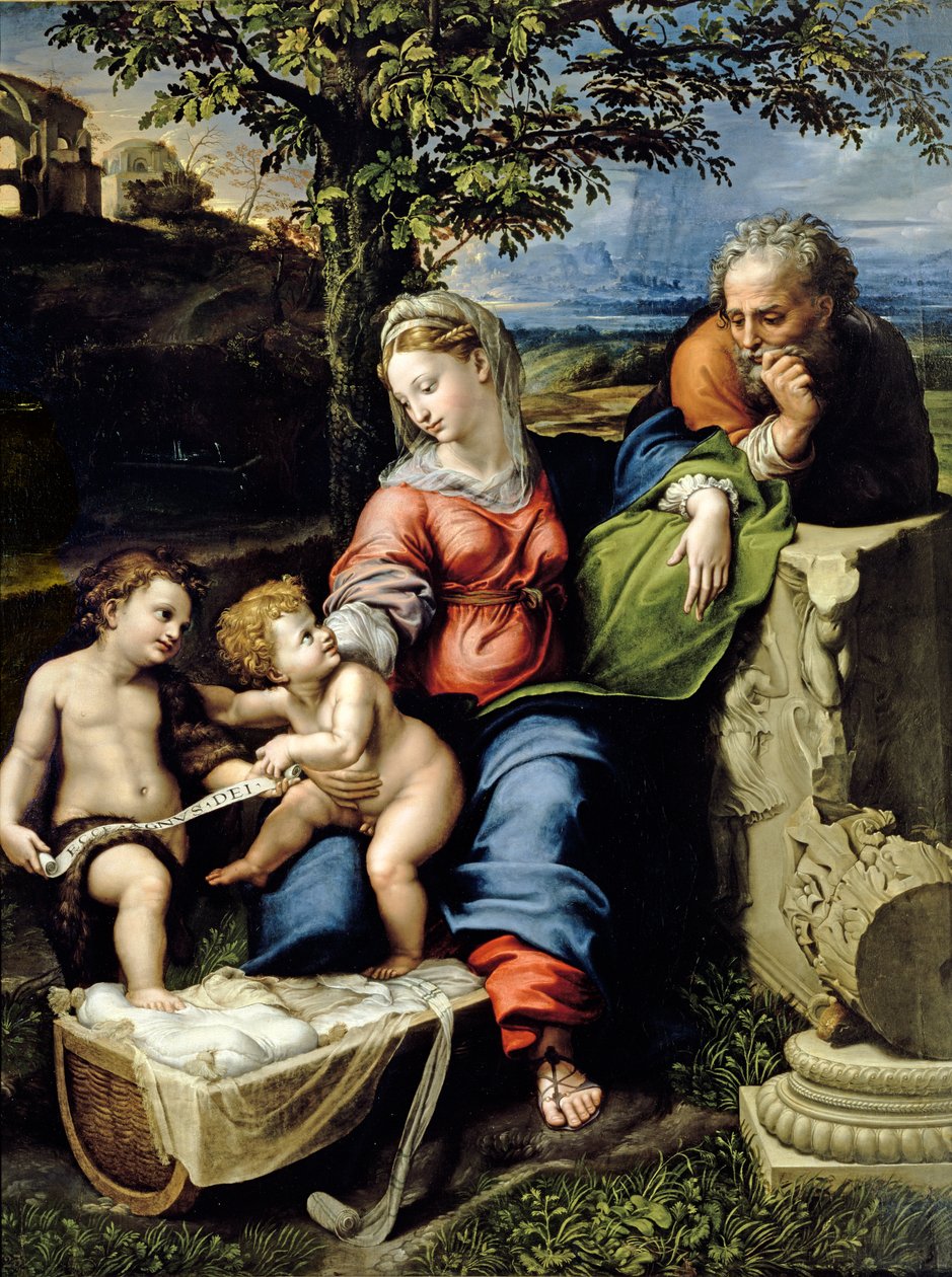Tammen pyhä perhe, n. 1518 (öljy paneelille) tekijältä Raphael