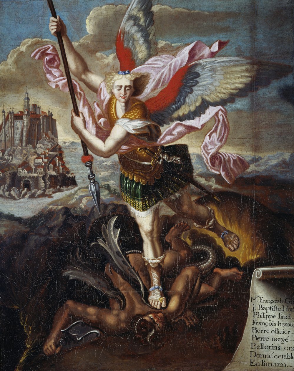 Pyhä Mikael ja paholainen, Raphael Sanzio, kuuden pyhiinvaeltajan entinen pyhiinvaeltaja Mont Saint-Michelille tekijältä Raphael (1483 1520) (after)