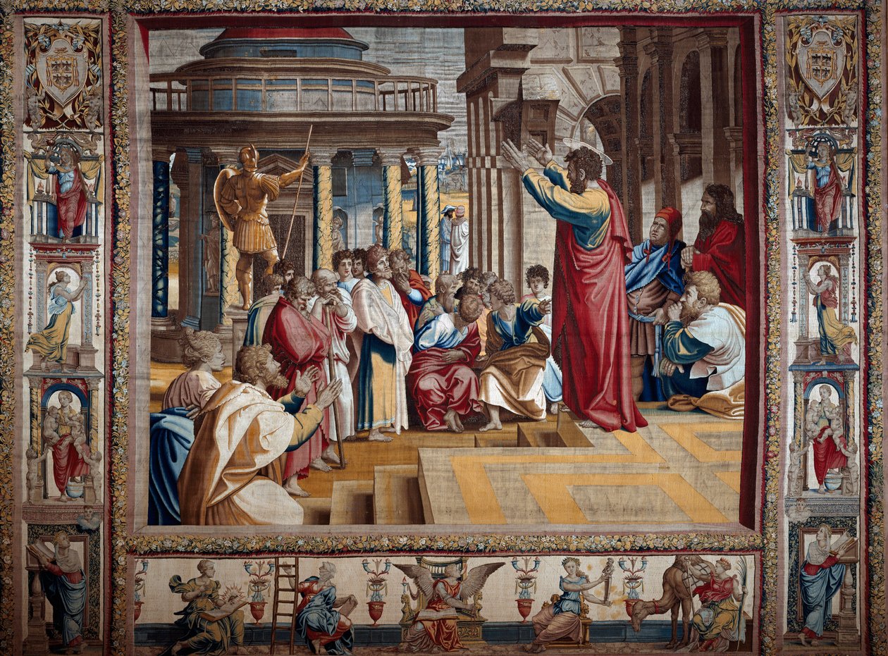 Apostoli pyhä Paavali saarnaa Athenes Tapestryn aeropagessa Raffaello Sanzio dit Raphaelin (1483-1520), 1500-luvun alun pahvimaalauksen jälkeen. 4,95x6,45 m Mantova, herttuan palatsi (Mantua) tekijältä after Raphael