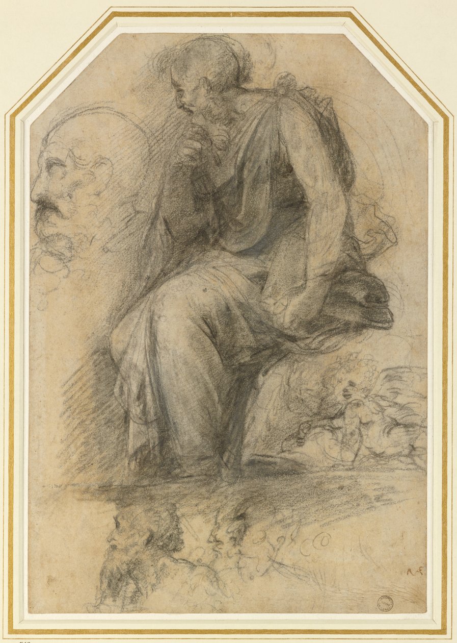 Miespuolinen pyhimys, istuva (St Paul): Study for the Disputa, WA1846.189 (hiili valkoisella korosteella) tekijältä Raphael