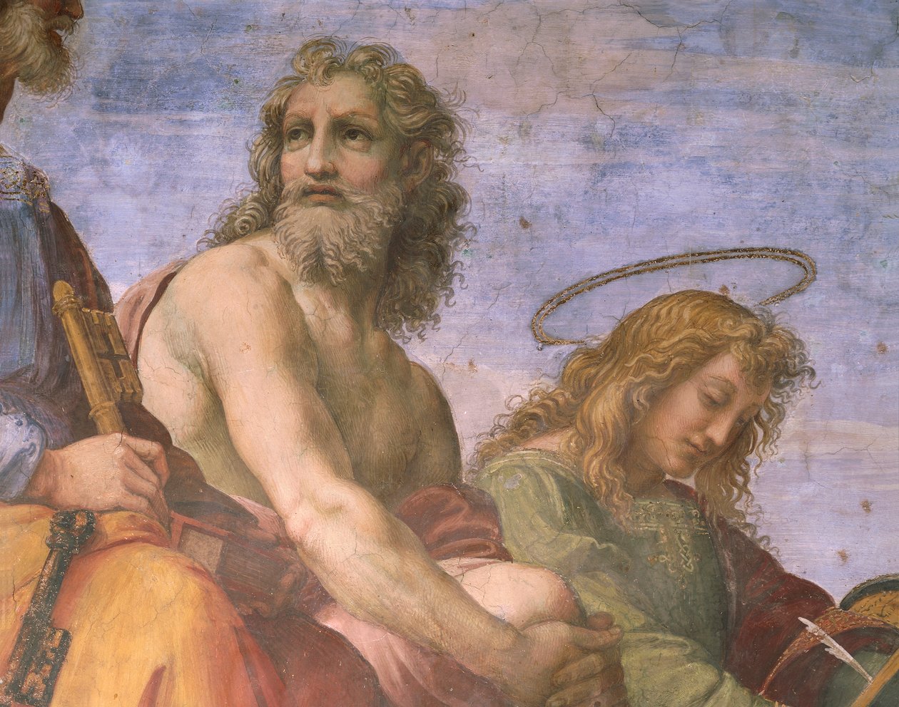 Aadam ja Johannes evankelista, yksityiskohta pyhän sakramentin kiistasta tekijältä Raphael (1483-1520)