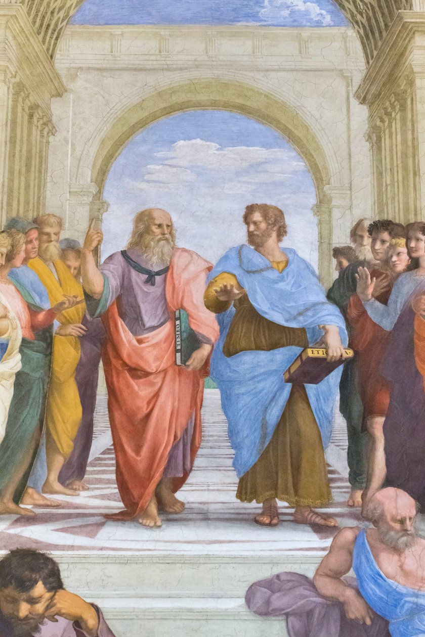 Aristoteles ja Platon: yksityiskohta Ateenan koulusta Stanza della Segnaturassa tekijältä Raphael (1483 1520)