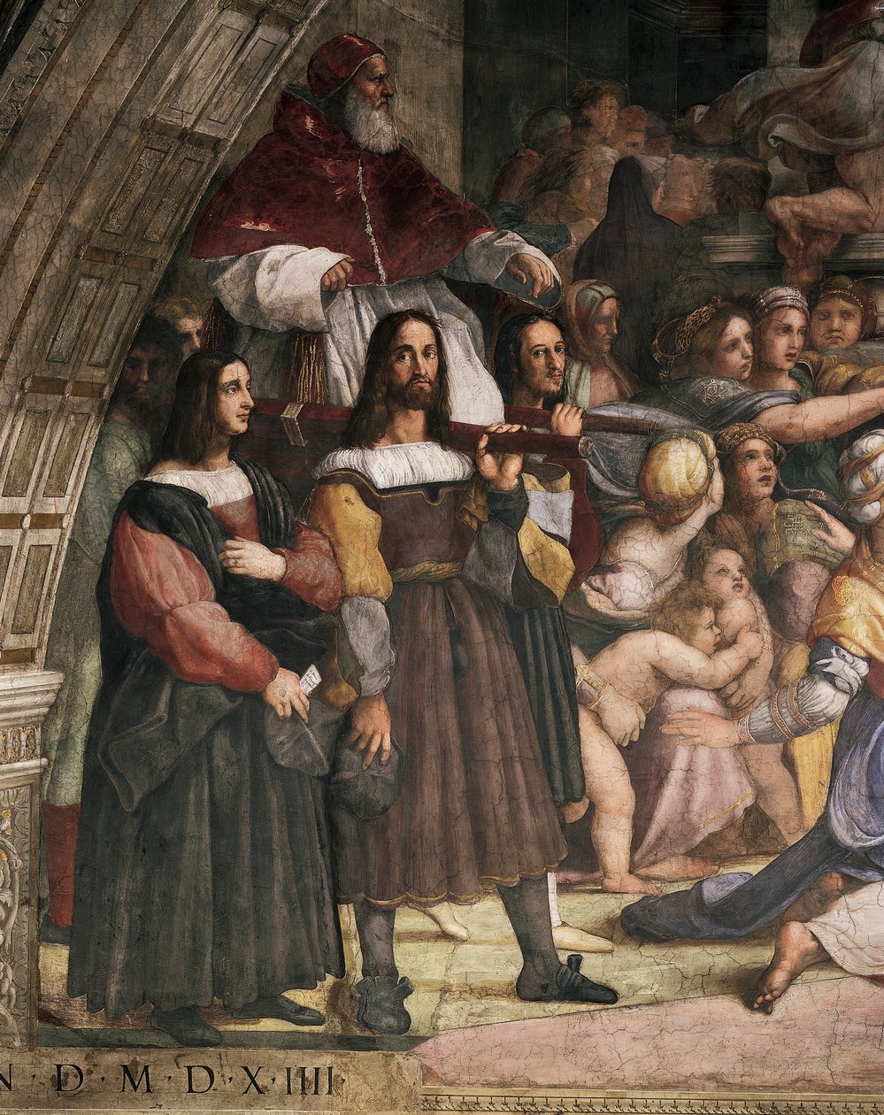 Tuolinkannattajat, jotka kantavat paavi Julius II:ta, yksityiskohta Heliodoruksen karkottamisesta temppelistä tekijältä Raphael (1483 1520)