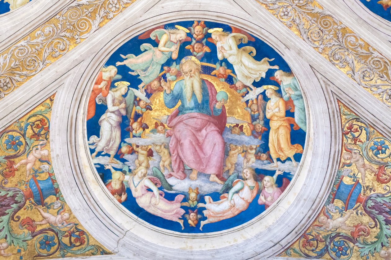 Luoja valtaistuimelle enkelien ja kerubien keskuudessa tekijältä Raphael (1483 1520)