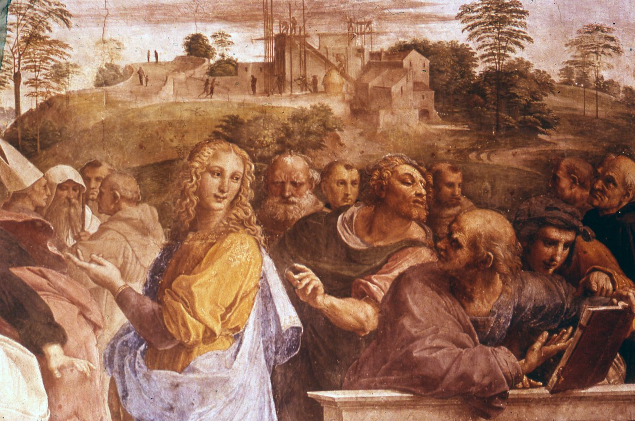 Yksityiskohta italialaisen renessanssitaiteilijan Raphaelin freskosta "Sakramentin kiista" tekijältä Raphael (1483 1520)