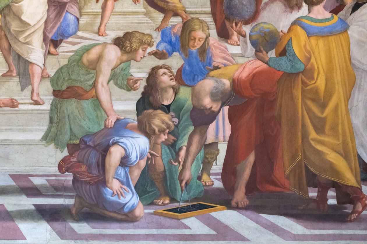 Euclides e Arquimedes: detalhe da Escola de Atenas na Stanza della Segnatura finlandesa tekijältä Raphael (1483 1520)