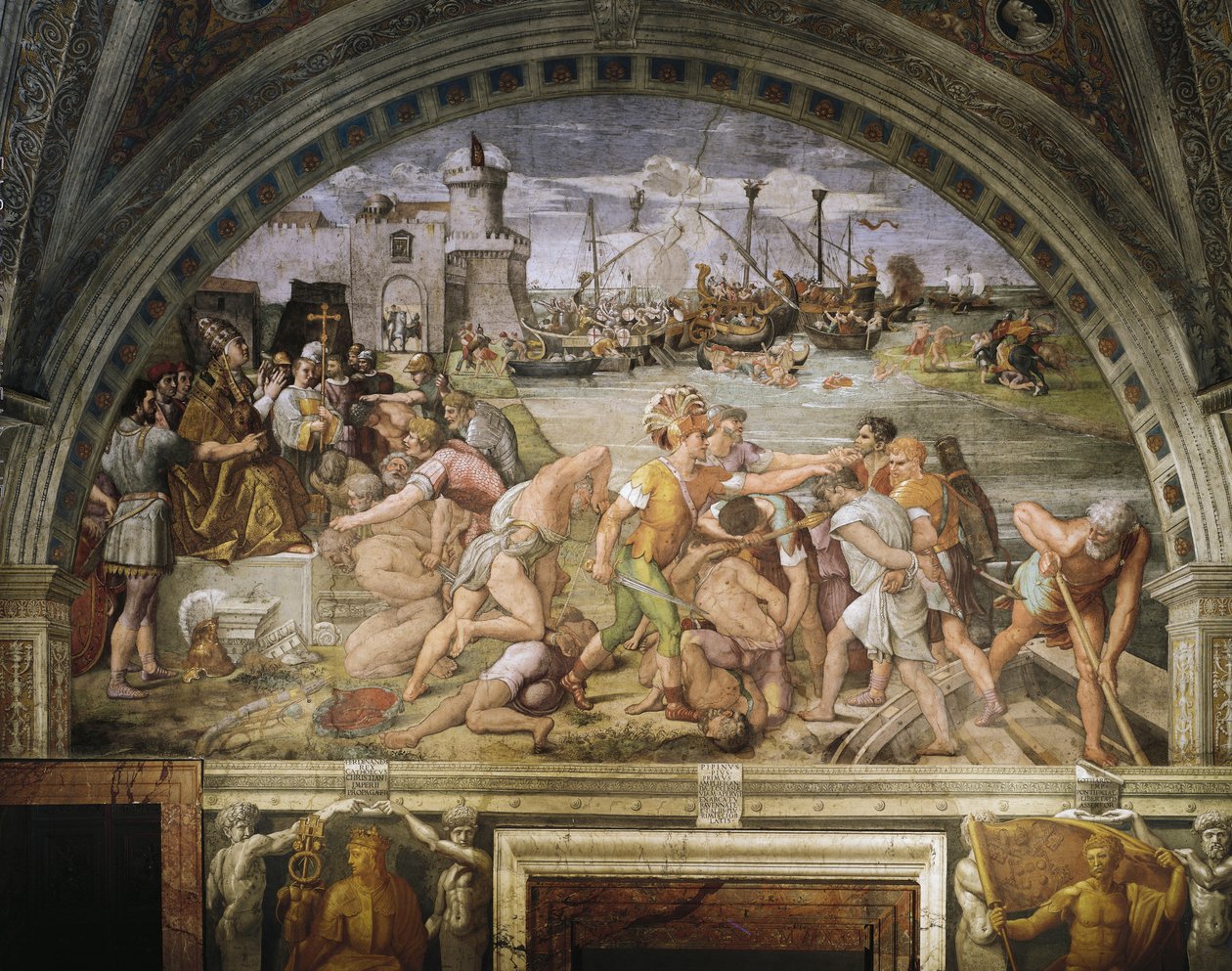 Fanlight, fresko Raffaello Sanzio (1483-1520) ja seuraajat, kuvaa Ostian taistelua, Stanza dell