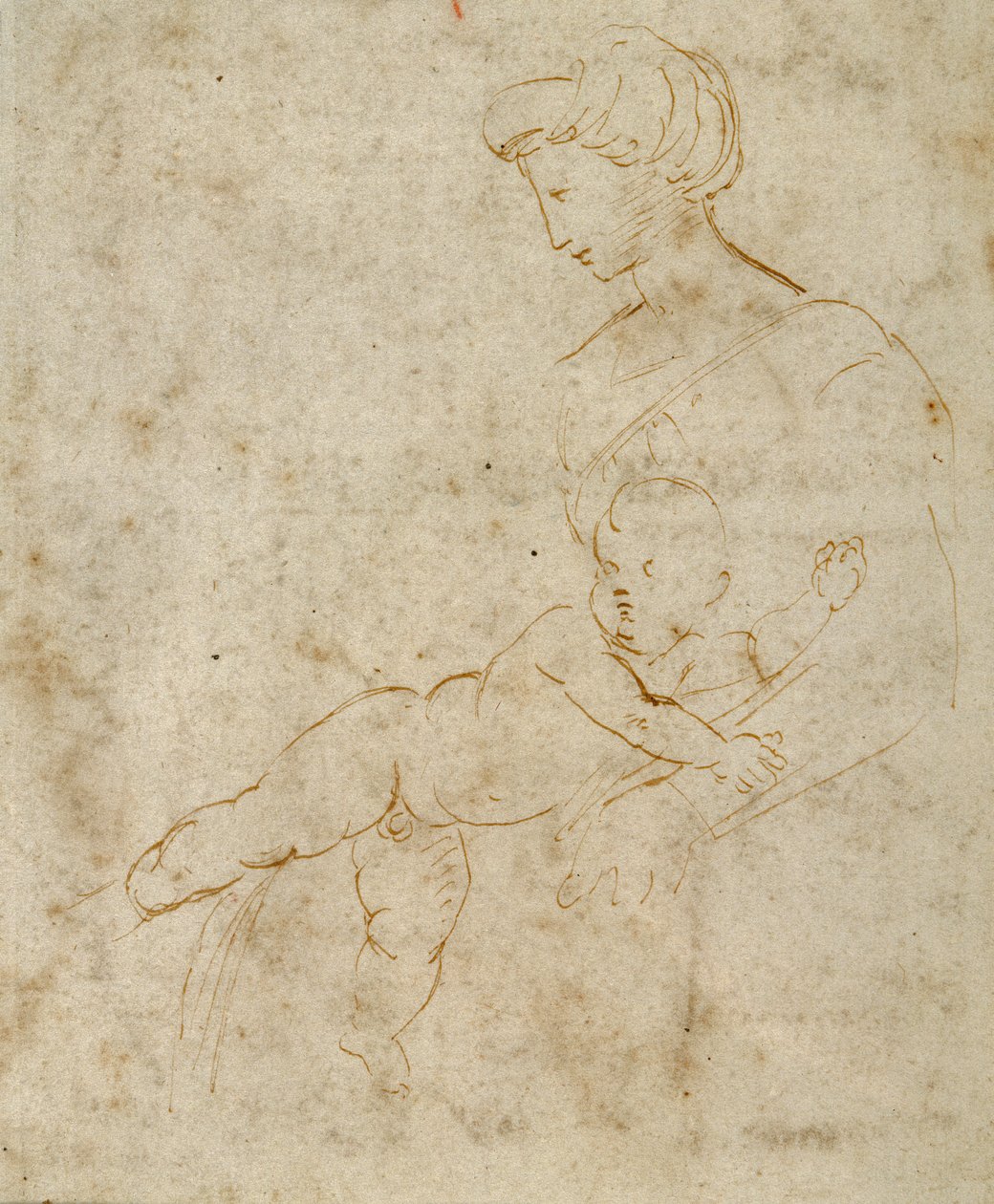 Madonna ja lapsi, n. 1505 (kynä ja ruskea muste paperille) tekijältä Raphael