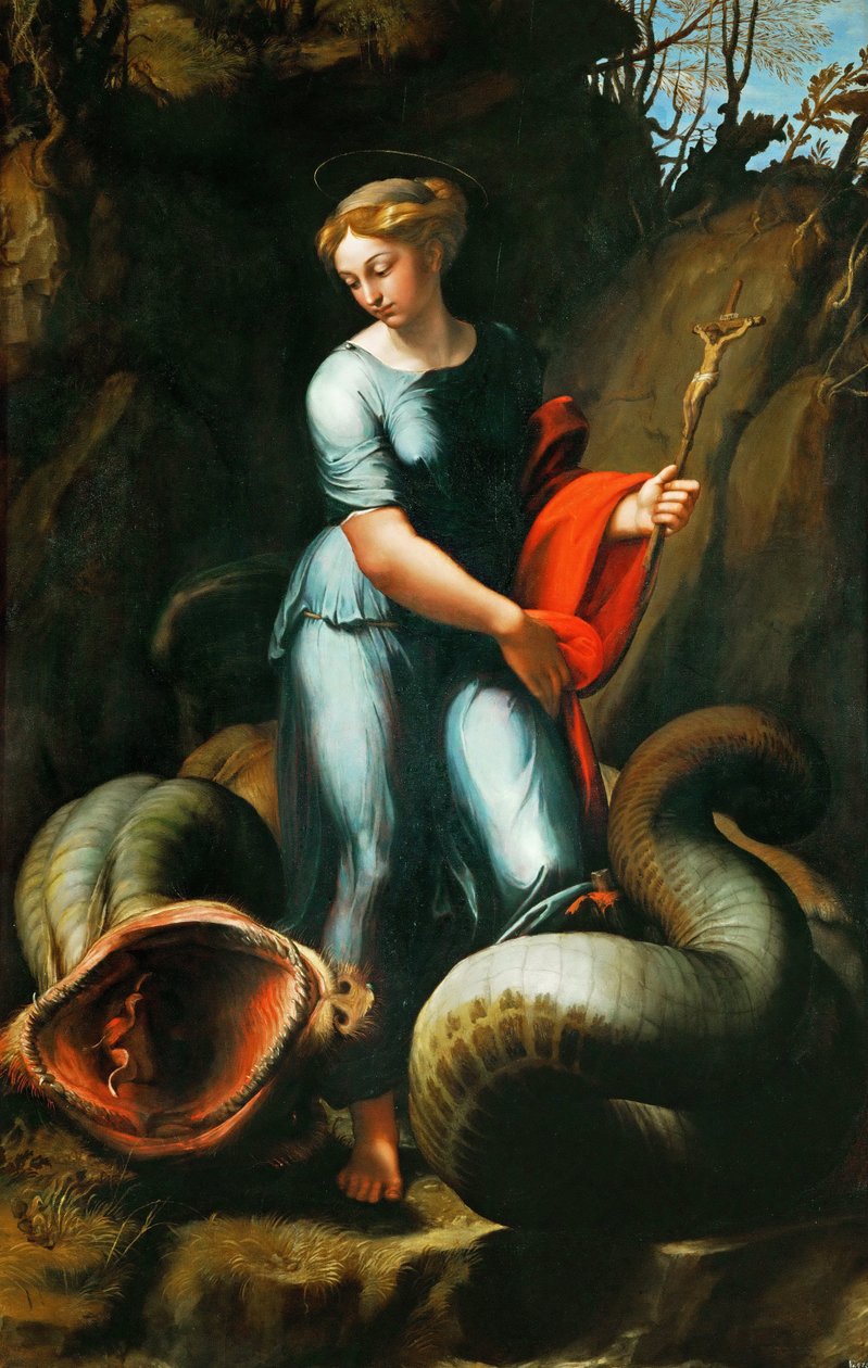 Pisidian Antiokian Margaret (tai Saint Marine, Marina) (kuoli noin 305) - Pyhä Margareta - Rafael (Raffaello Sanzio da Urbino) (1483-1520). Öljy puulle, n. 1518. Koko: 191,3x123 cm. Taidehistoriallinen museo, Wien tekijältä Raphael