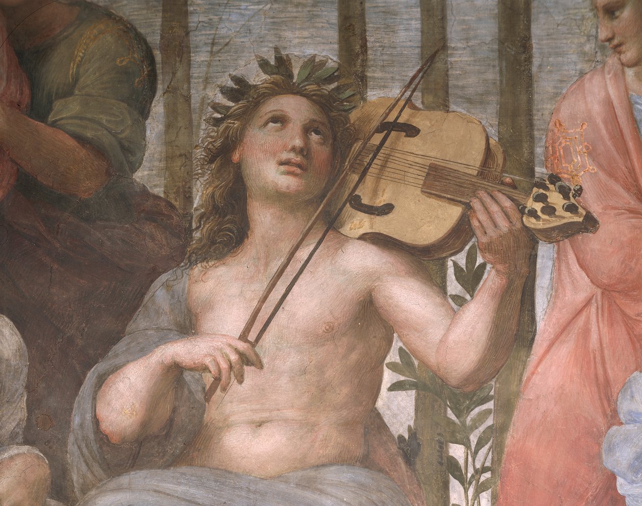 Parnassus, yksityiskohta Apollosta soittamassa viola da bracciaa, Stanza della Segnatura tekijältä Raphael