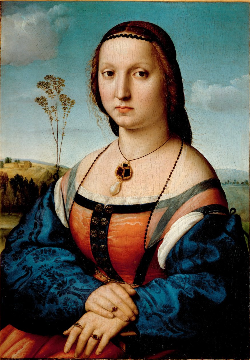 Maddalena Donin muotokuva Raffaello Sanzio dit Raphaelin (1483-1520) maalaus 1506 su. 63x45 cm Firenze, Palazzo Pitti, Galleria Palatina tekijältä Raphael