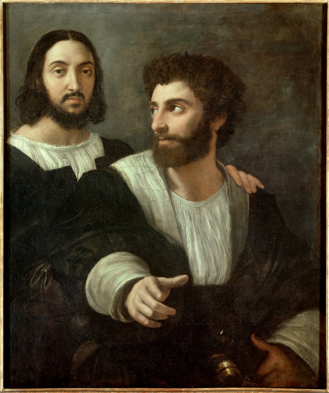 Muotokuva taiteilijasta ystävän kanssa. Raffaello Sanzio dit Raphael (1483-1520) tekijältä Raphael