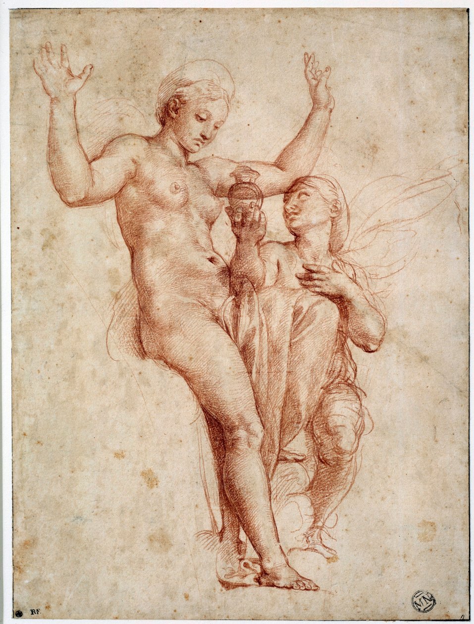 Psyche esittelee Venukselle Styxin vettä. Raffaello Sanzio dit Raphael (1483-1520) piirustus a la sanguine tekijältä Raphael