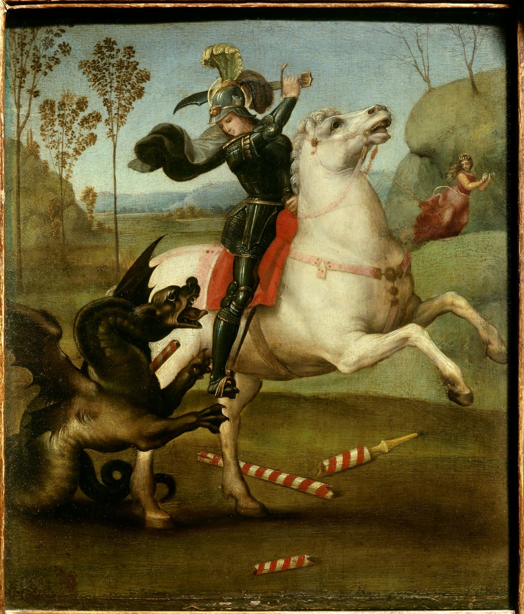 Pyhä Yrjö taistelee lohikäärmeen kanssa Rafael (1483-1520/italia) Öljy puulevylle - "" Saint Georges kamppailee lohikäärmeen kanssa""" Raffaello Sanzion (Rafael) maalaus (1483-1520) 1505 Su. 0,29x0,25 m tekijältä Raphael