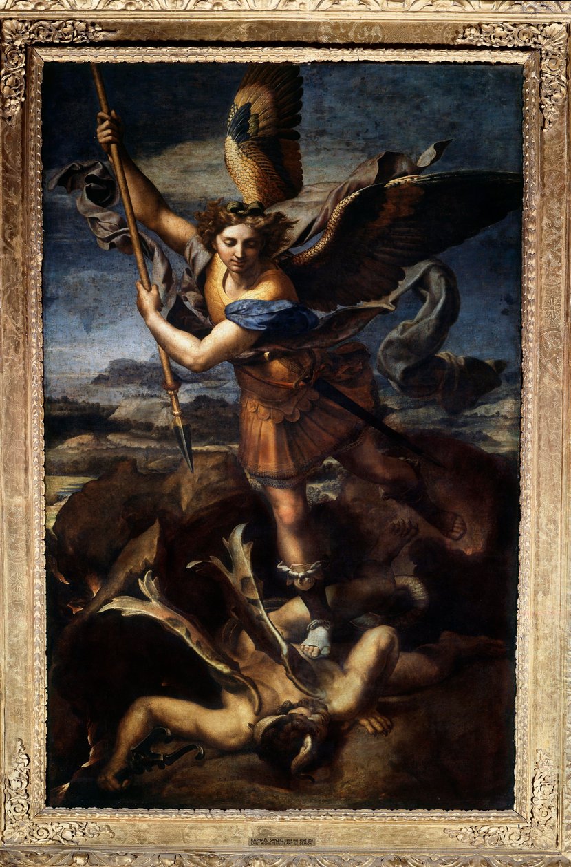 Pyhä Mikael kukistamassa lohikäärmettä tai suuri Pyhä Mikael Raffaello Sanzio dit Raphaelin (1483-1520) maalaus 1518. Aurinko 2,68x1,6 m Paris musee du Louvre tekijältä Raphael