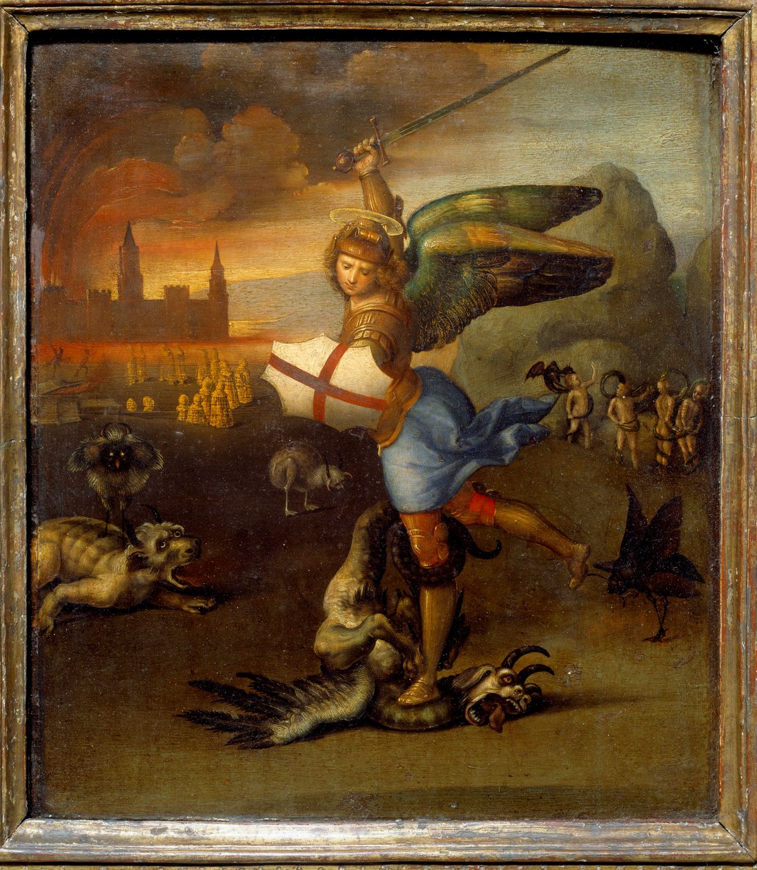 Pyhä Mikael ja lohikäärme n. 1505 Rafael (1483-1520/italia) Öljy puupaneelille - "" Saint Michel terrassant the dragon""" Raffaello Sanzion (Rafael) maalaus (1483-1520) 1505 su. 0,29x0,25 m tekijältä Raphael