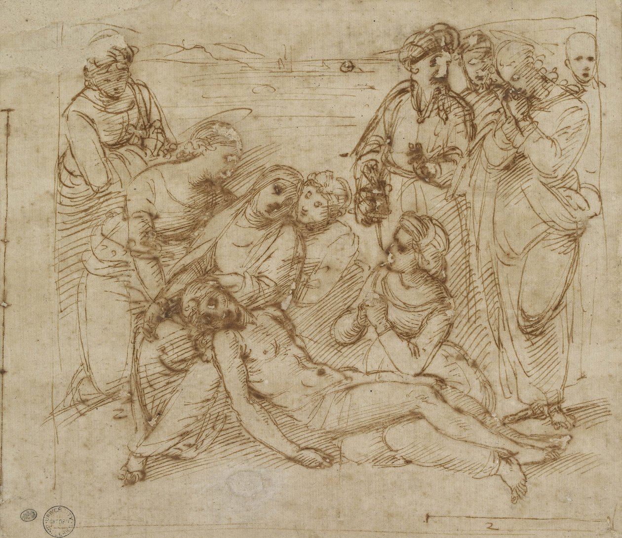 The Lamentation (kynä ja ruskea muste valkoiselle paperille) tekijältä Raphael