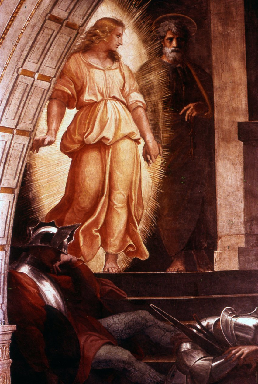Pyhän Pietarin vapautuminen (yksityiskohta) italialaisen korkearenessanssitaiteilijan Raphaelin freskomaalauksesta tekijältä Raphael (1483 1520)