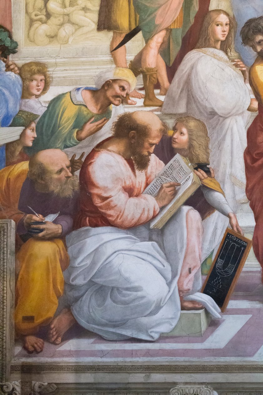 Ateenan koulu, yksityiskohta Pythagoras ja hänen oppilaitaan, Stanza della Segnatura tekijältä Raphael (1483 1520)