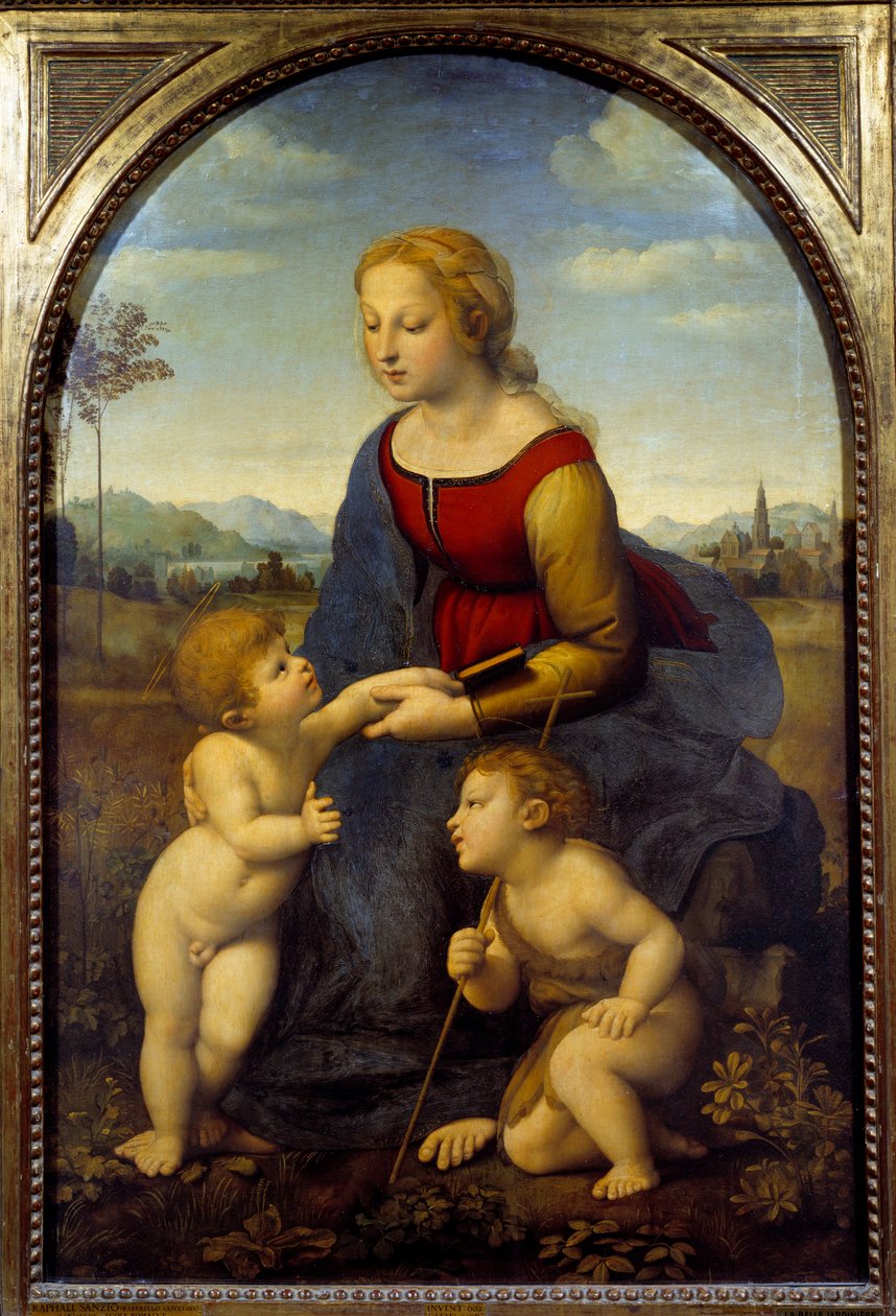 Neitsyt saa lapsen pienen Pyhän Johanneksen tai kauniin puutarhurin kanssa Raffaello Sanzio dit Raphaelin (1483-1520) maalaus 1507 su. 1,22x0,8 m tekijältä Raphael