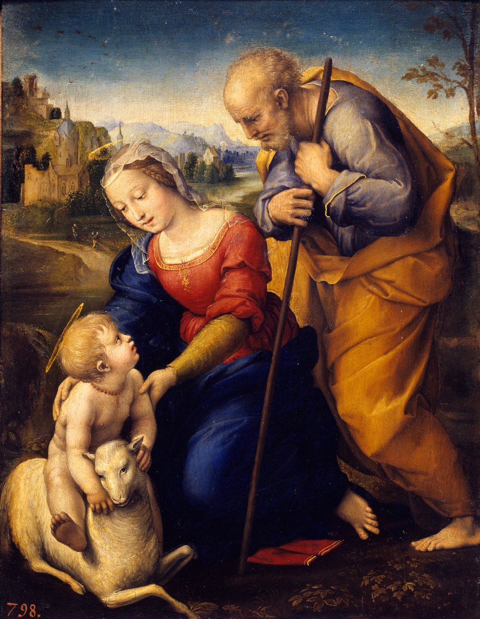 Pyhällä perheellä on lammas. Raffaello Sanzio dit Raphaelin (1483-1520) maalaus tekijältä Raphael