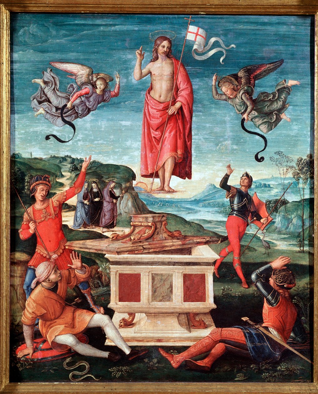 Ylösnousemus (Kristuksen ylösnousemus) Jeesuksella Kristuksella on sauvaristi, jonka päässä kelluu valkoinen lippu (standardi) iskee punaisella ristillä - Raffaello Sanzio dit Raphael (1483-1520) maalaus 1501-1502 Koko 52x44 cm Sao Paulo, Museu de Arte tekijältä Raphael