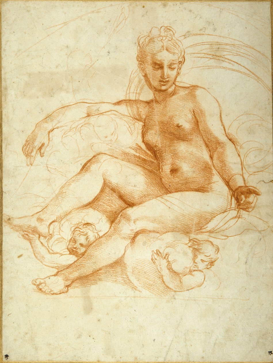 Venus istuu pilvien päällä alaspäin (punainen liitu valkoisella paperilla) tekijältä Raphael