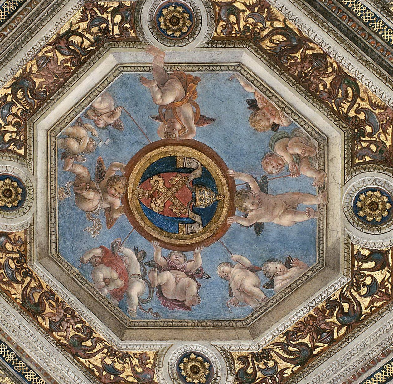 Katto. Fresko Stanza della Segnaturassa, noin 1510-1511. tekijältä Raphael
