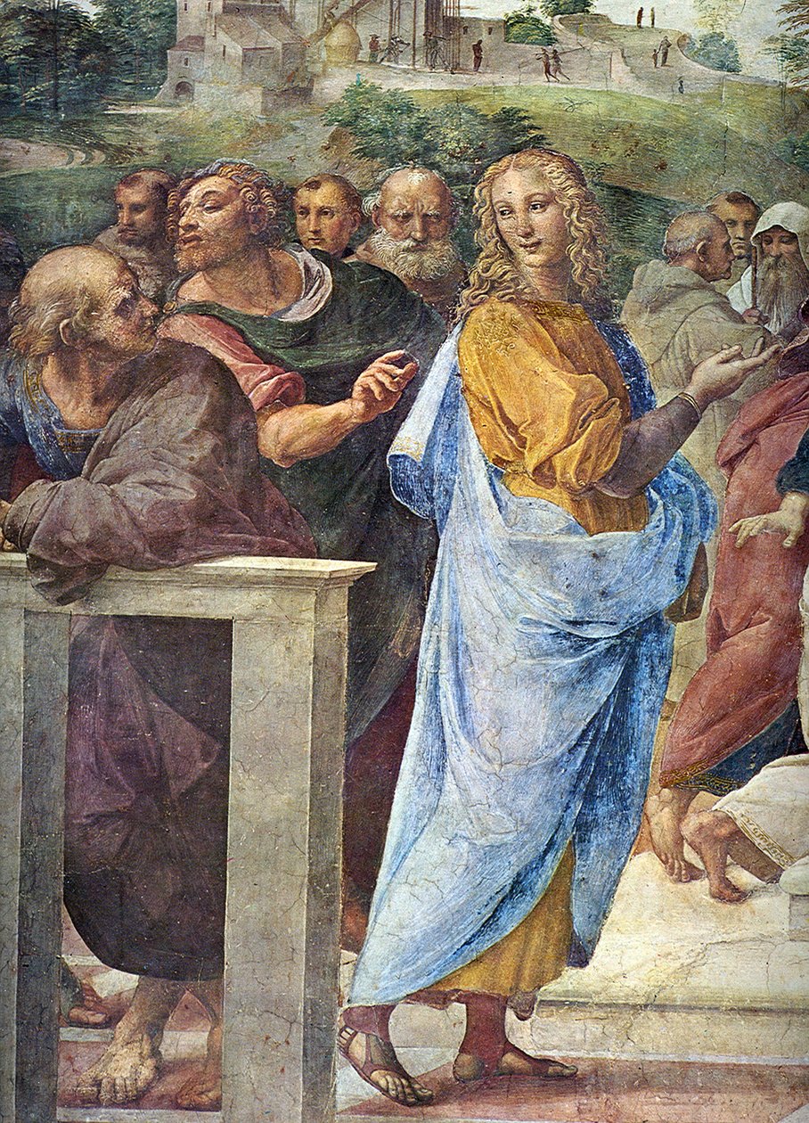 Kiista. Yksityiskohta: Arkkitehti Bramante ja Francesco Maria Della Rovere oikealla, 1509 tekijältä Raffaello Sanzio Raphael