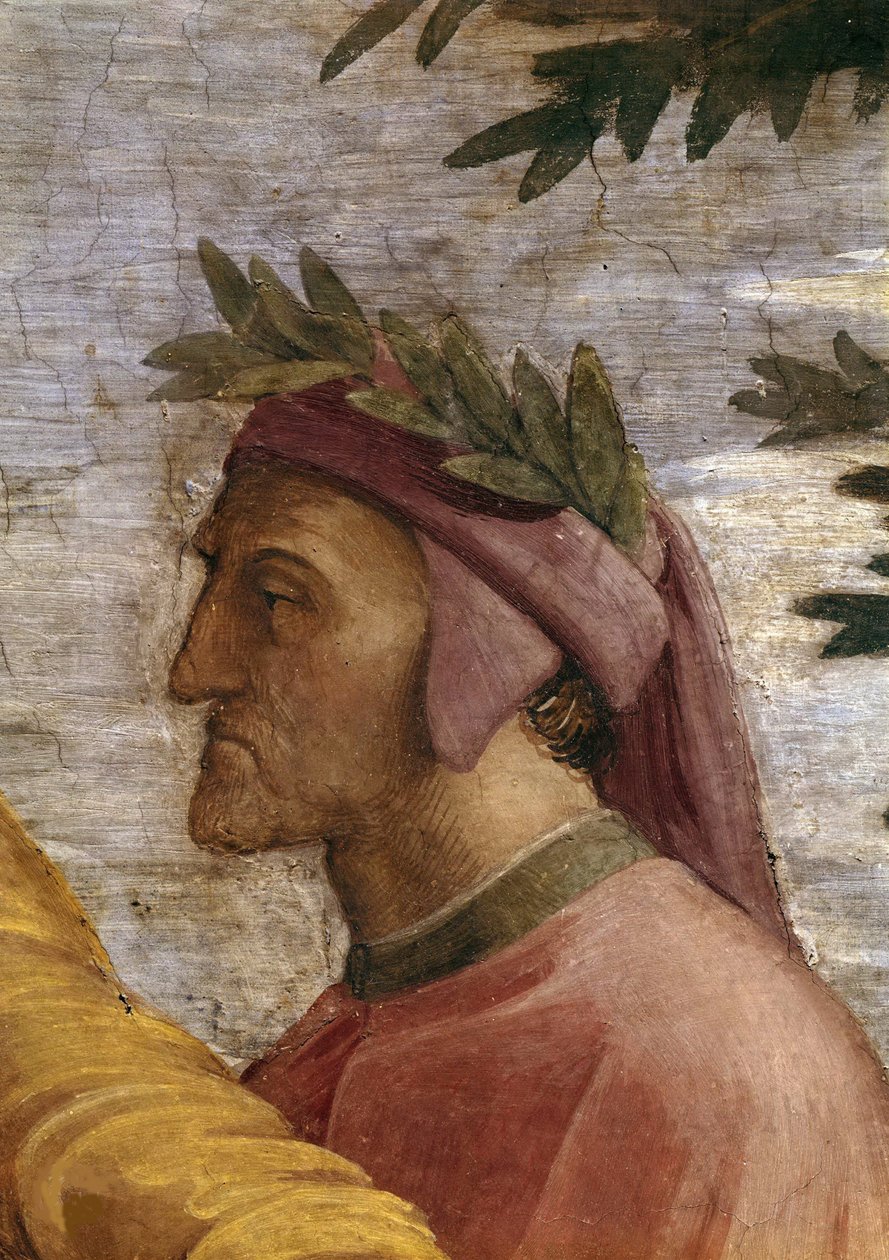 Kiista. Yksityiskohta: Dante Alighieri -fresco Stanza della Segnaturassa, noin 1510-1511. tekijältä Raphael