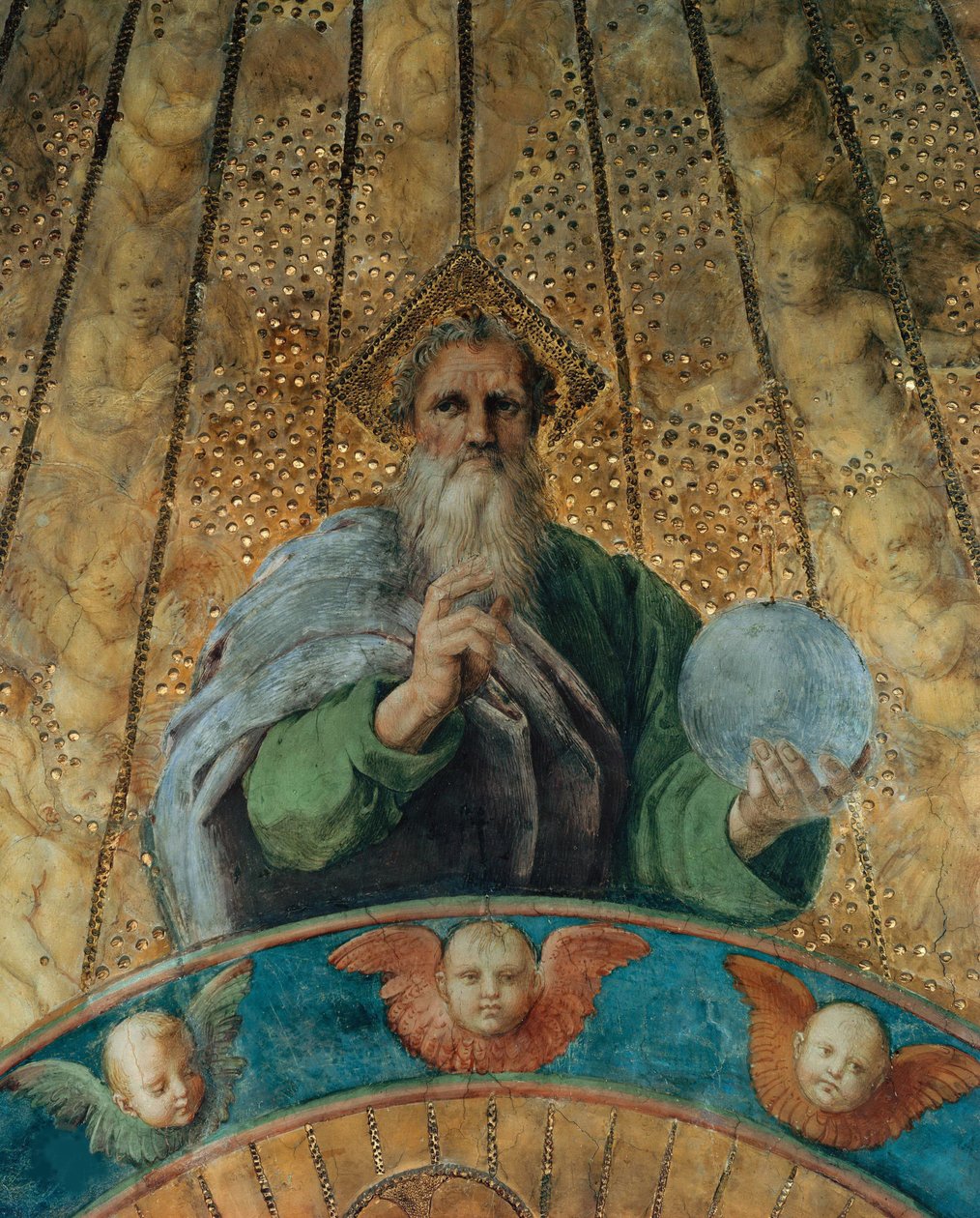 Kiista. Yksityiskohta: Isä Jumala. Fresko Stanza della Segnaturassa, noin 1510-1511. tekijältä Raphael