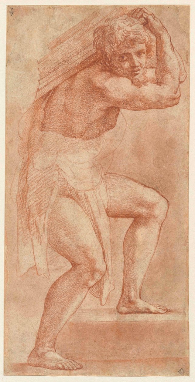 Mies puoliksi käärittynä, kantaa taakkaa, 1514-1516. tekijältä Raphael