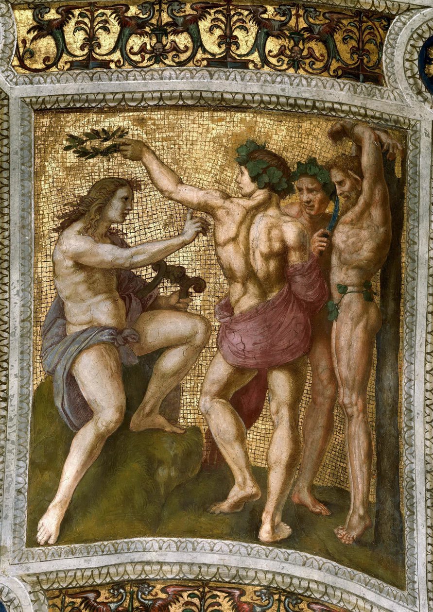 Marsyas ja Apollo. Kattofresco Stanza della Segnaturassa, noin 1510-1511. tekijältä Raphael
