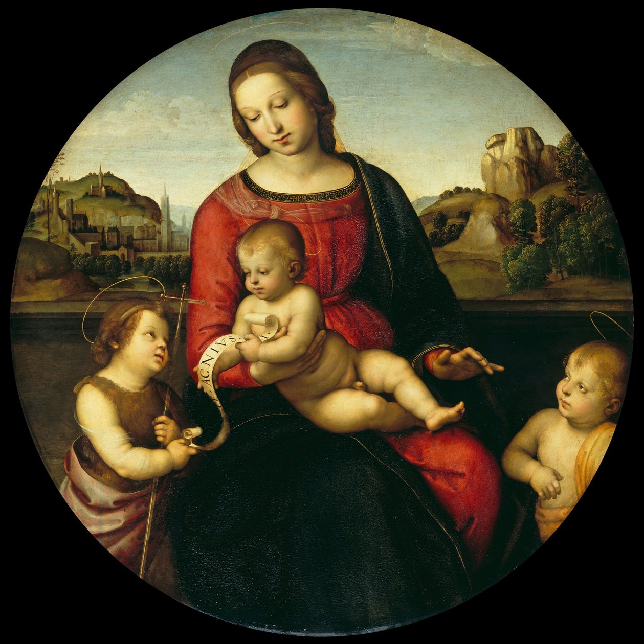 Maria lapsen kanssa, Johannes Kastaja ja pyhä poika Madonna Terranuova, n. 1505 tekijältä Raffaello Sanzio Raphael