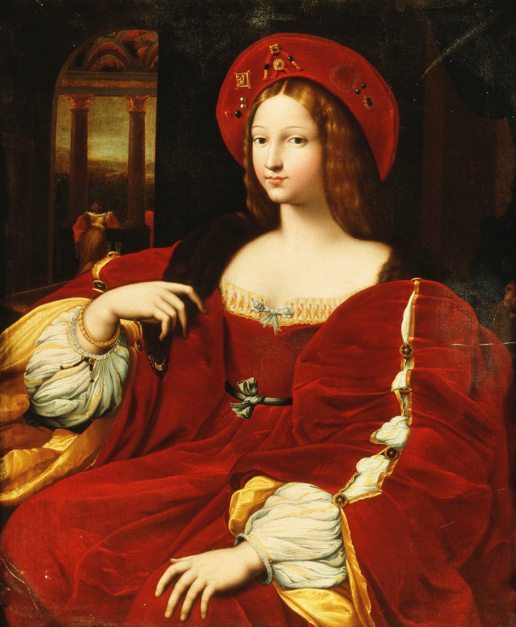 Muotokuva Giovanna of Aragonista, istuu kolme neljäsosaa pituudeltaan, kammiossaan, tekijältä Raphael