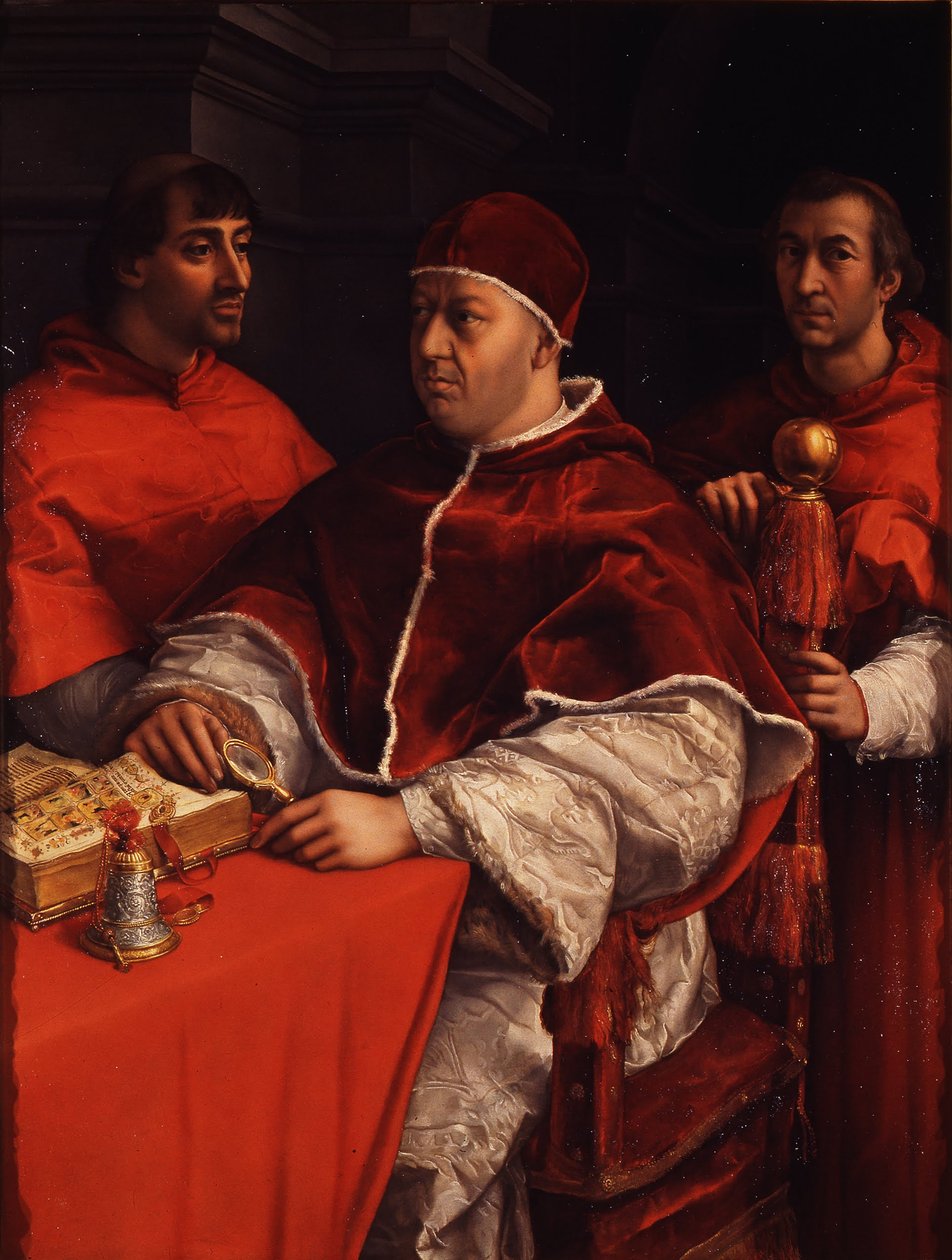 Paavi Leo X:n muotokuva kardinaalien Giulio de Medicin ja Luigi de Rossin kanssa, noin 1518 tekijältä Raffaello Sanzio Raphael
