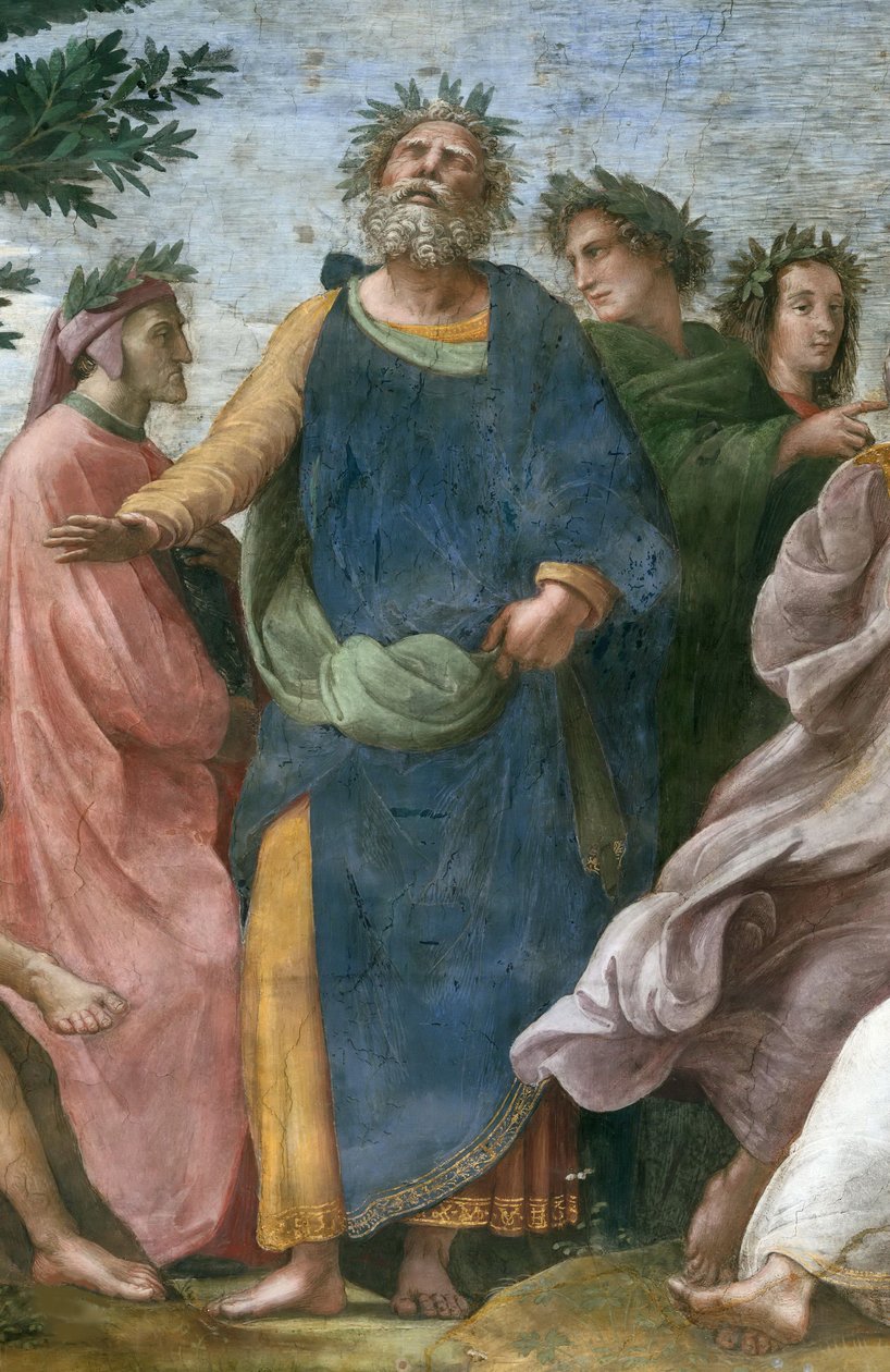 Parnassus. Yksityiskohta Fresko Stanza della Segnaturassa, noin 1510-1511. tekijältä Raphael